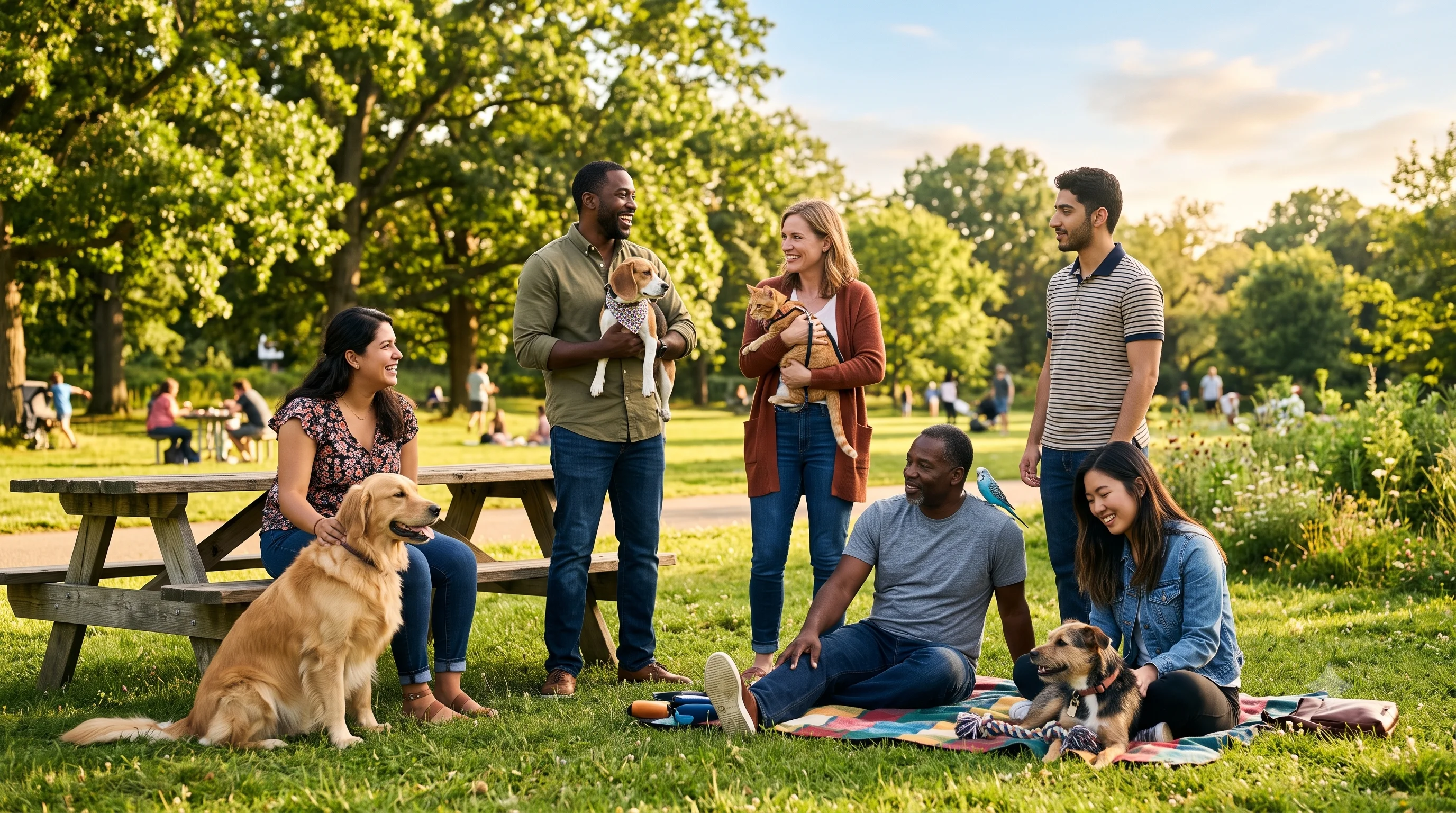 Grupo de personas con sus mascotas — perros, gatos y aves — reunidos en un parque