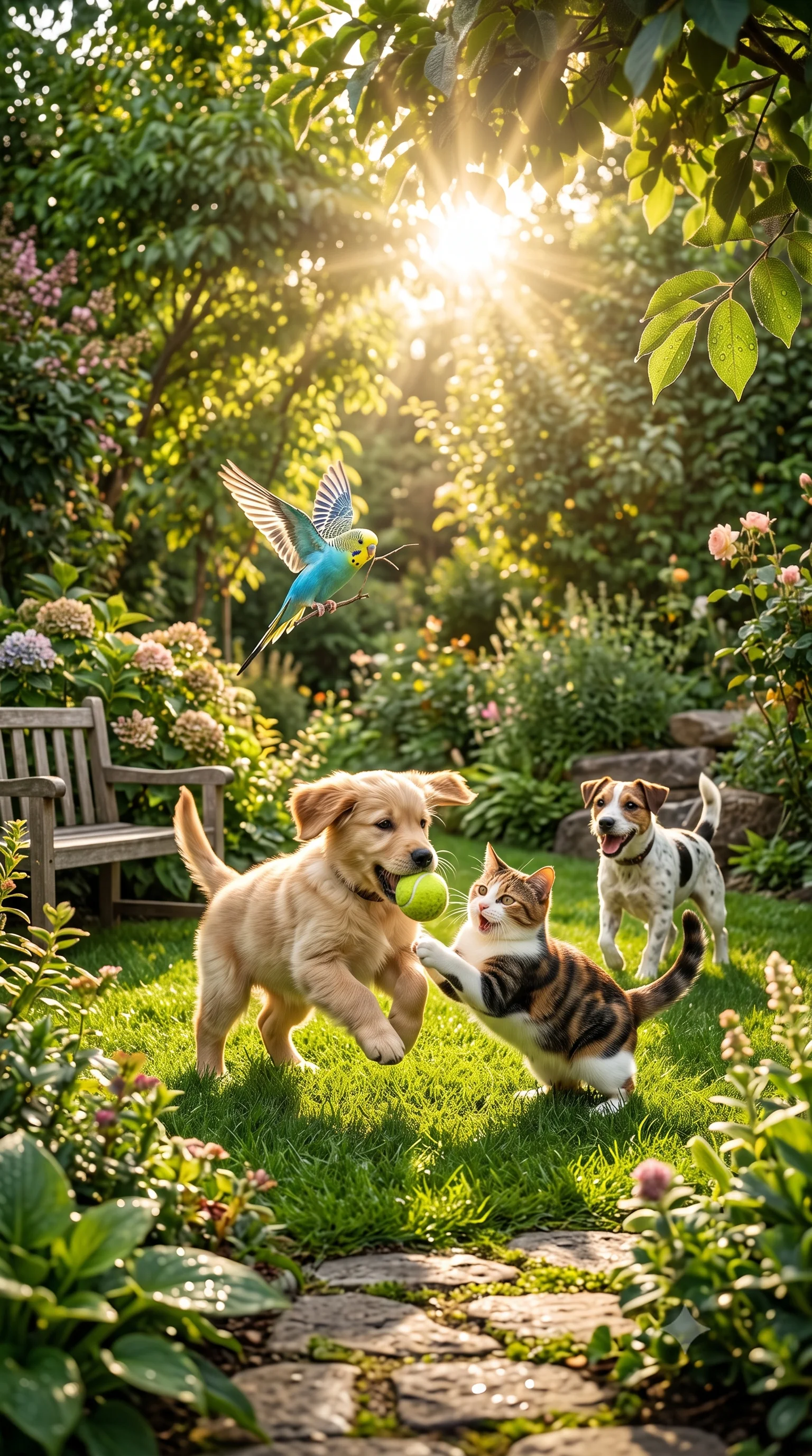 Mascotas jugando en jardín — Plan Mascotas