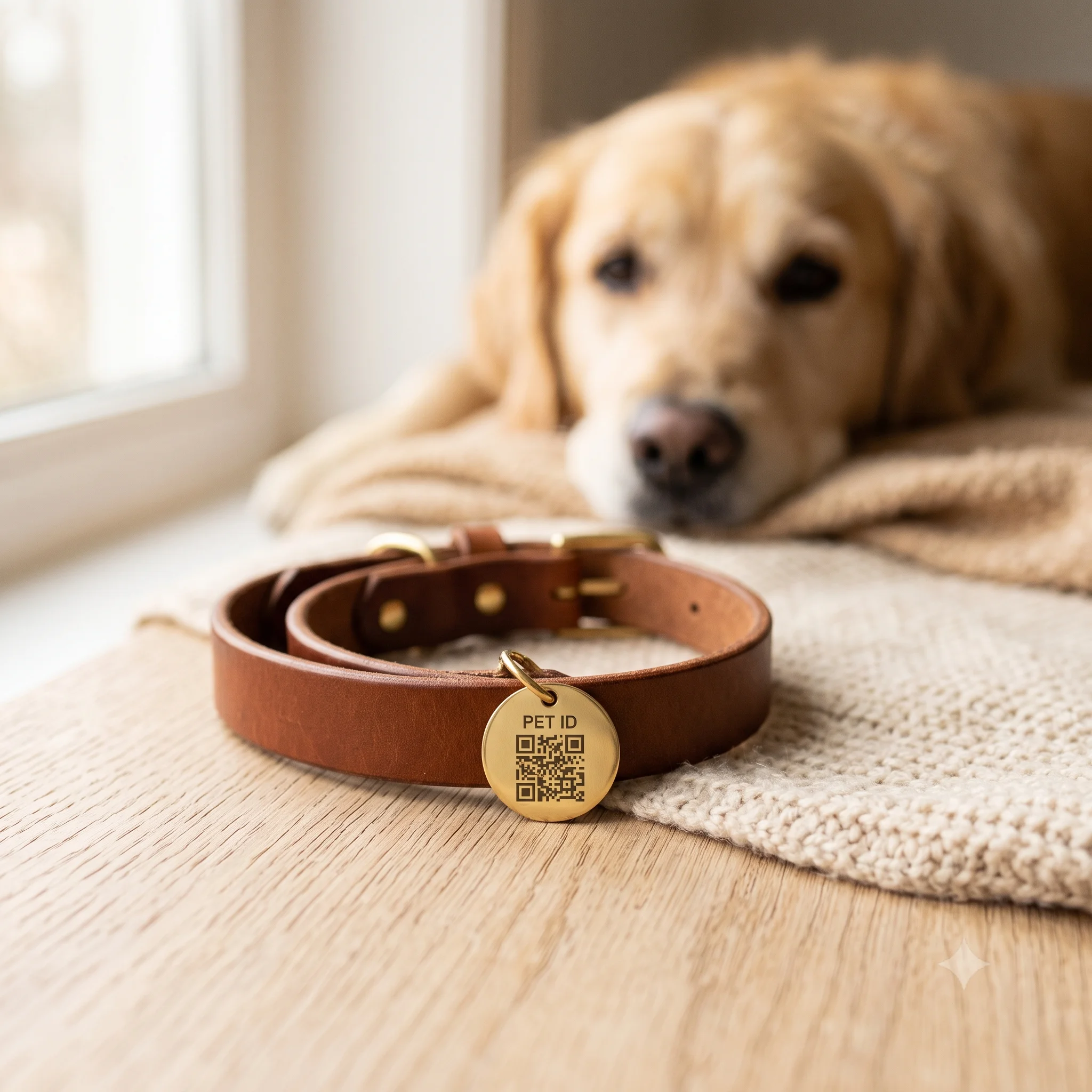 Producto físico recomendado para tu mascota, ej. collar con placa QR