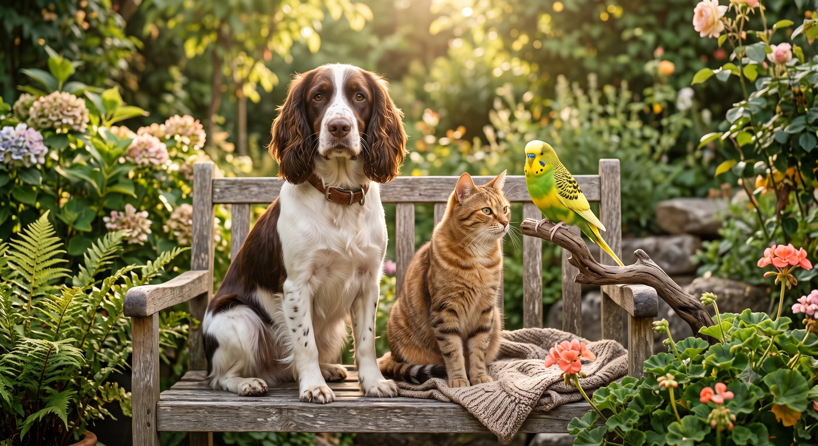 Perro, gato y ave juntos — Aeterna Mascotas para las 3 especies